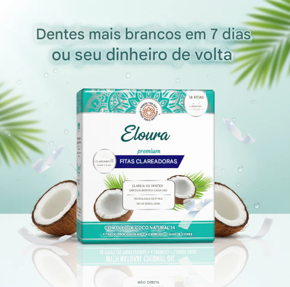 Fitas clareadoras dentais com óleo de coco - clareamento altamente eficaz em 7 dias.