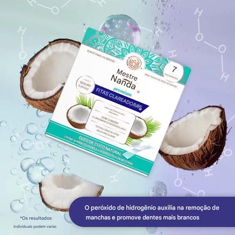 Fitas clareadoras dentais com óleo de coco - clareamento altamente eficaz em 7 dias.